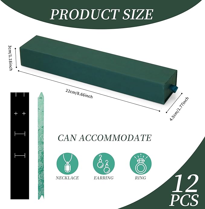 12-Pack Drawer Style Jewelry Gift Boxes with Sponge Insert, 8.7"x1.8"x1.2" Necklace & Bracelet Display Box for Presentation, Cardboard Storage Organizer for Pendant, Ring, Earring - Green
