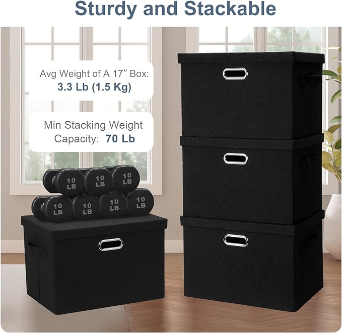 Graciadeco Large 17" 36 Quart Collapsible Stackable Storage Bins with Lids, 3 Packs Black Linen Fabric Closet Boxes with Lids, Storage Cube Baskets Container Organizers for Bedroom Office(17 x12 x11)