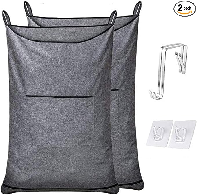 XL Hanging Hamper, Over The Door Hamper with Free Hanging Hooks, Space Saving Over Door Laundry Bag and Laundry Basket for Storage, 2 Pack, (36x22Inch Pop Heather Grey)