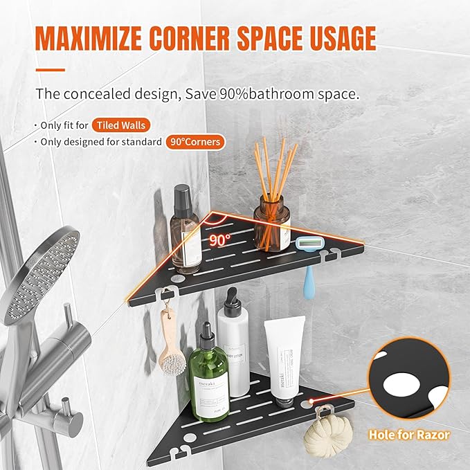 Permanent Tile-in Corner Shower Shelves with Hooks, Modern 304 Stainless Steel Shower Caddy for Bathroom Renovation & Hotel, Heavy Duty No-Drill Grout Mount Organizer for Tile Wall,10", 2 Pack