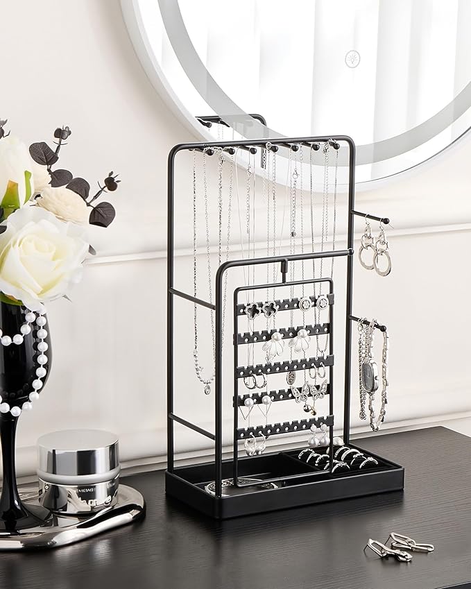 ProCase Jewelry Stand Holder Organizer, Jewelry Display Storage with Ring Tray, Rotating Earring Bracelet Necklace Holder, Valentine's Gifts Room Dorm Decor for Teen Girls -Black (No-Assembly)