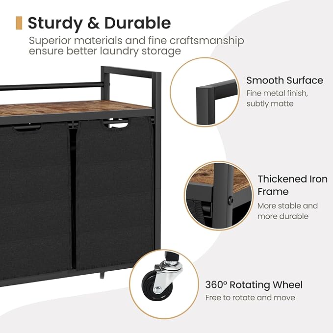 SwaaVee Laundry Hamper, Laundry Basket, Laundry Sorter with 2 Removable Bags, Clothes Basket with 2 Compartments, Wheels, Shelf for Laundry Room Bathroom Bedroom (2 Bags-Black)