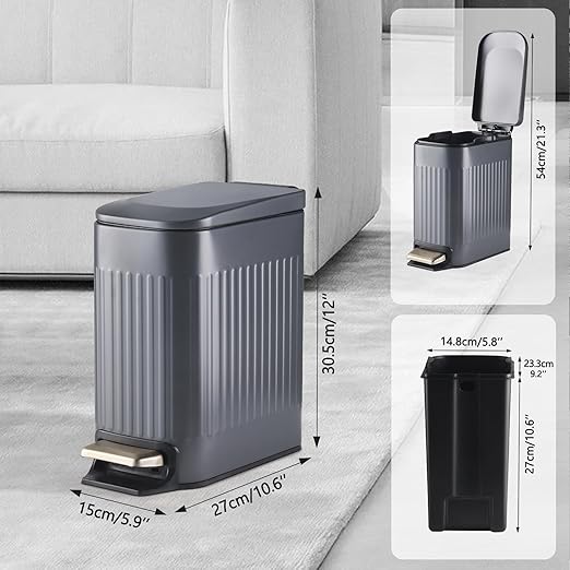 SYNCVIBE Slim Bathroom Trash Can with Lid Soft Close, Stainless Steel Garbage Can Step Trash Bin with Removable Inner Bucket for Bedroom, Office, Kitchen (Matt Grey, 1.8 Gallons)