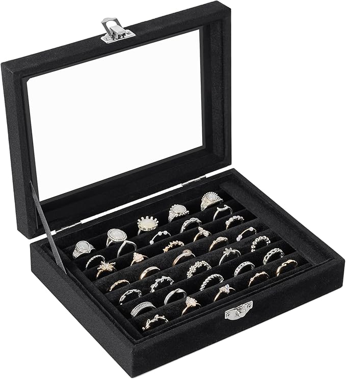 Velvet Ring Organizer Box, 7 Slots Jewelry Holder with Glass Lid Earring Display Tray Storage Case Gift for Women and Girls (Black)