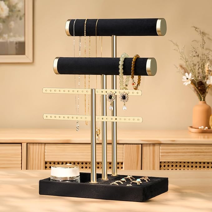 bussdis 3 Tier Bracelet Holder Display - Detachable T Bar Black Velvet Bracelet Holder, Jewelry Holder Organizer for Bracelet, Necklace, Earrings, Rings