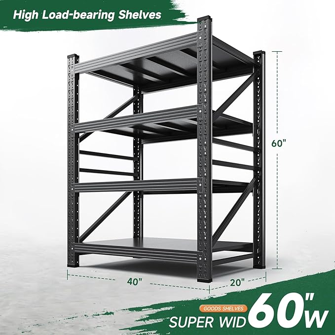 Letaya 2000LBS Storage Shelves Heavy Duty,60" H Garage Shelving Units, 4 Tier Adjustable Utility Rack Shelf,Large Metal Industrial Shelves,for Shop,Warehouse,Basement,Black (40" W x 20" D x 60" H)