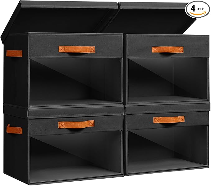 Homsorout Large Storage Bins with Lids - 4 Pack Foldable Decorative Organizers with Clear Windows & Handles, Cube Storage Organizers for Clothes, Blankets, Sweaters, Sheets, Black