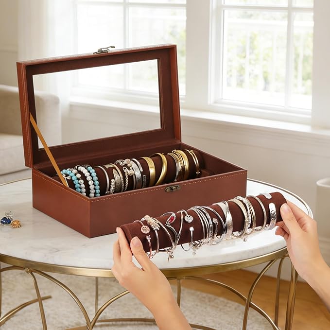 AUTOARK Bracelet & Watch Storage Box with Glass Lid & 2 Anti-Roll Rods,PU Leather Jewelry Case,Soft Lined Locking Organizer for Women,Gift for Dresser & Cabinet Display,Coffee,MKAW143