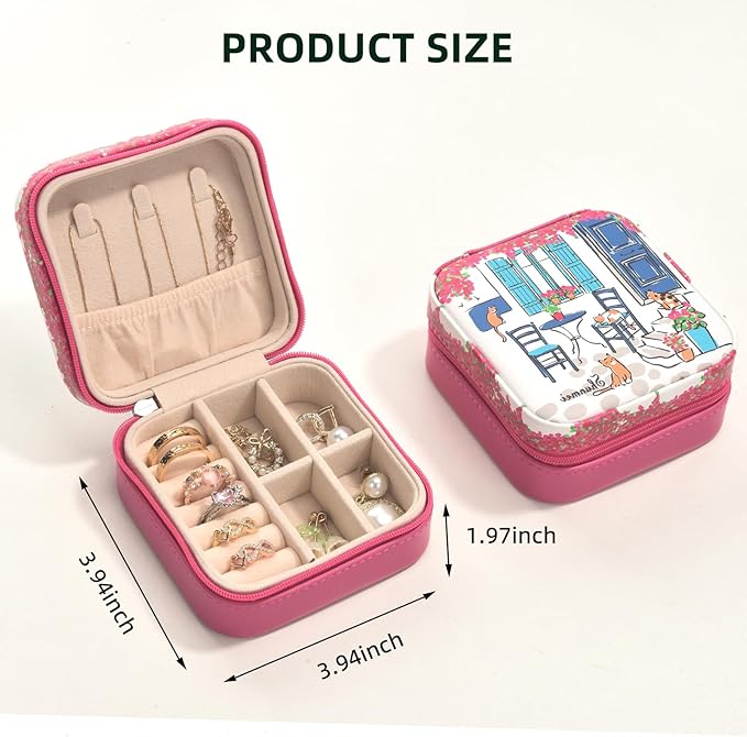 shunmei Mini Travel Jewelry Box,PU Leather Portable Jewelry Organizer Case,Art Accessories Storage Holder Boxes for Earring, Necklace, Rings, Bracelets (Four Cats)