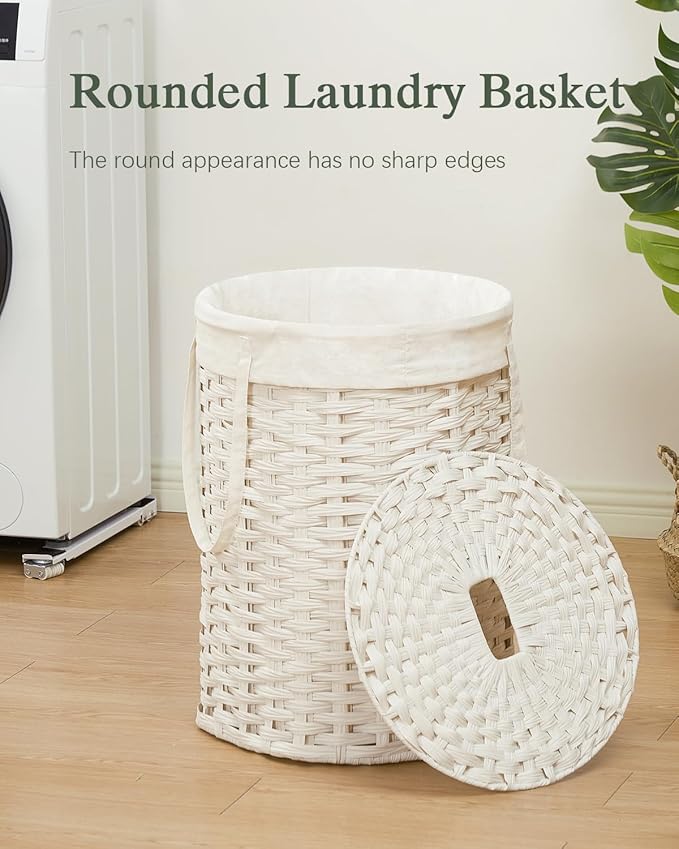 SETVSON Laundry Hamper with Lid Laundry Basket with Lid 19.0 Gal (72 L) Round Wicker Laundry Basket Handwoven Rattan Basket with Lid Removable Bag 2 Mesh Bags Handles for Living Room Bathroom White