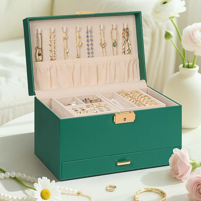 AKOZLIN Travel Jewelry Box Organizer Functional 2-trays Leather Jewelry Storage Case with Lockable Portable Drawer for Women Girls Ring Necklace Earring Bracelet
