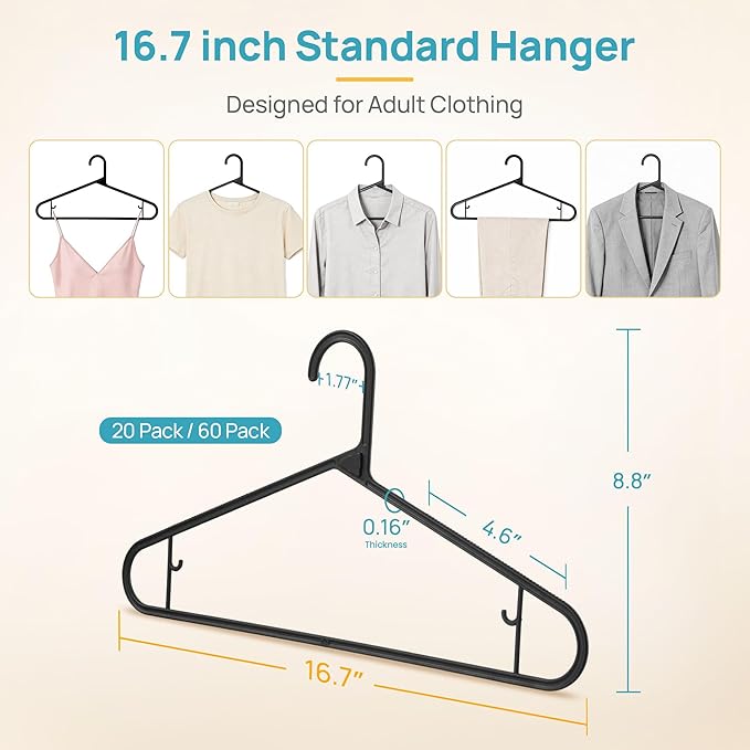 Vtopmart 20 Pack Plastic Clothes Hangers, 16.7in Standard StackFit Hangers for T-Shirt, Coats, Jackets, Sweaters, Non-Slip Slim Hanger with Hooks, Space-Saving in Closet, Durable Clothes Organizers