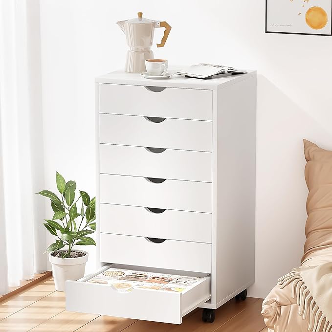 7 Drawer Mobile File Cabinet Under Desk Storage Organization with Wheels Vertical Filing Chest Rolling Wood Small Desk Printer Stand for Home Office, White