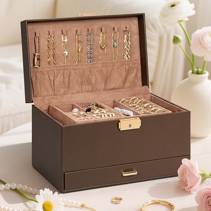 AKOZLIN Travel Jewelry Box Organizer Functional 2-trays Leather Jewelry Storage Case with Lockable Portable Drawer for Women Girls Ring Necklace Earring Bracelet