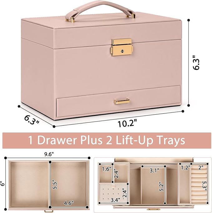 AKOZLIN Travel Jewelry Box Organizer Functional 2-trays Leather Jewelry Storage Case with Lockable Portable Drawer for Women Girls Ring Necklace Earring Bracelet