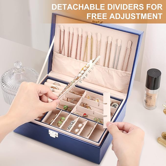 Jewelry Organizer Box PU Leather Jewelry Box for Girls Womens Earring Organizer Boxes 2 Layer Large Jewelry Storage Case Removable Tray for Necklace Earring Ring with Polishing Cloth and Jewelry Bags