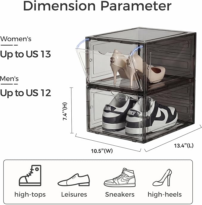 Pinkpum Upgraded Hard Shoe Storage Box 12 Pack X-Large Fit Size 12, Thicken & Sturdy Clear Plastic Stackable Shoe Organizer Box Closet, Sneaker Storage Display Case with Magnetic Door Black