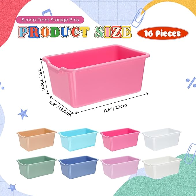 Dandat 16 Pcs Plastic Book Bins for Classroom Library Cubby Bins Scoop Front Stackable Toy Storage Tubs Containers for School Office Home Nursery Playroom Organization(Pastel Color)