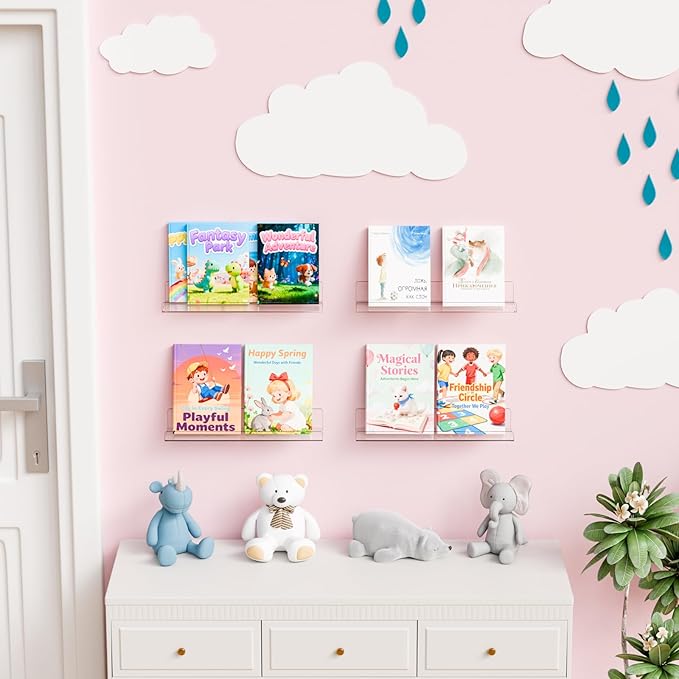 Yieach 8 Pack 15" Acrylic Shelves for Wall,Bathroom,Bedroom - with Adhesive - No Drilling Clear Floating Shelves for Funko Pop,Lego,Action Figures,Nail Polish,Perfume Shelf and Wall Storage & Display