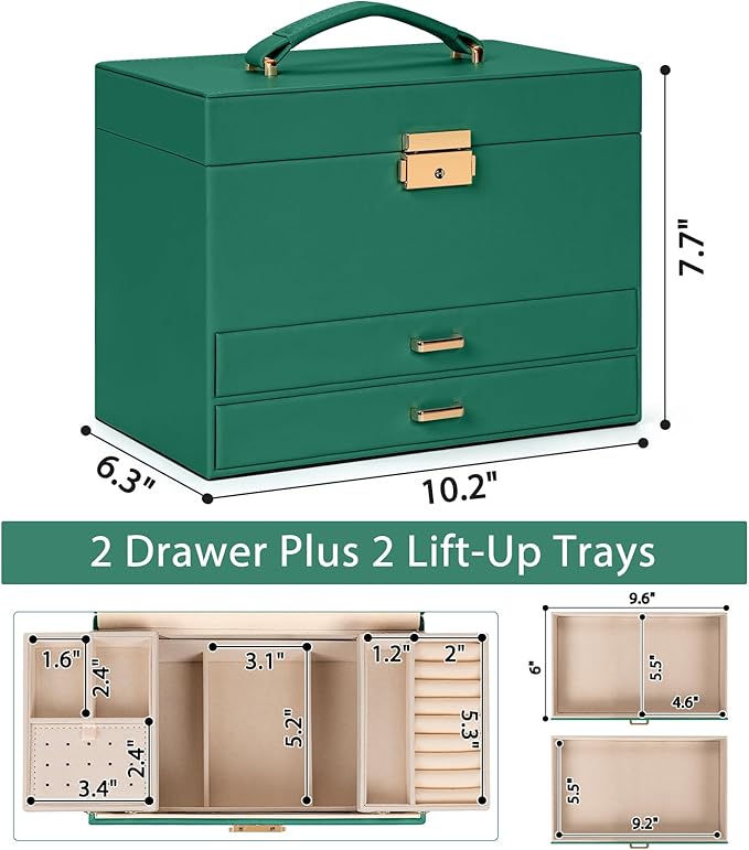 AKOZLIN Travel Jewelry Box Organizer Functional 2-trays Leather Jewelry Storage Case with Lockable Portable 2 Drawers for Women Girls Ring Necklace Earring Bracelet