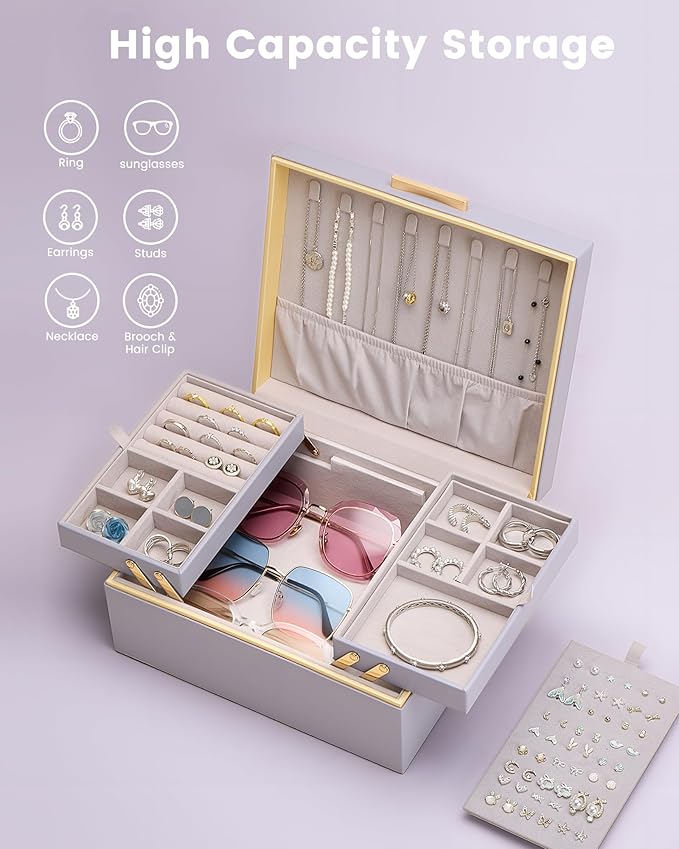 Lolalet Jewelry Box Organizer for Women Girls, 2 Layer Jewelry Organizers and Storage for Necklace Earrings Rings Bracelets, Large Jewellery Holder Case Birthday Mothers Day Gifts -HazePurple