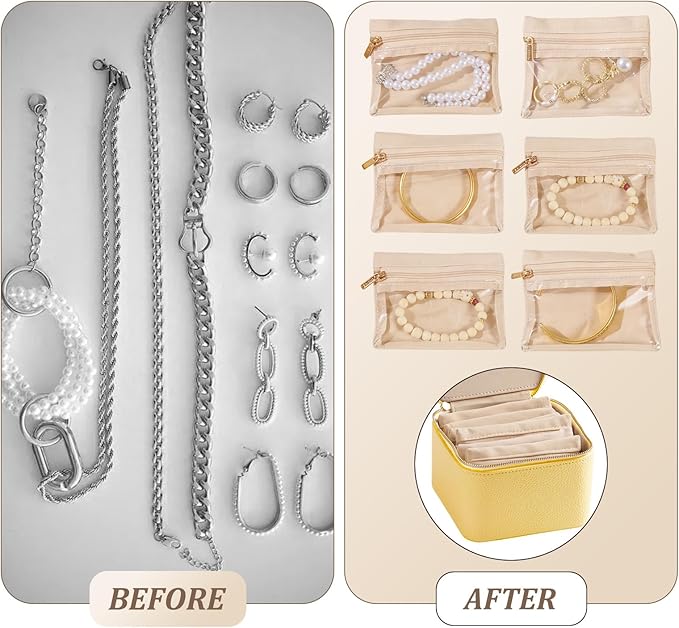 Travel Jewelry Organizer, Travel Jewelry Box with 6 Velvet Zipped Pouches Bags for Jewelries Necklaces Rings Earrings Sorting Storage for Women Girl Gifts, Butter Yellow