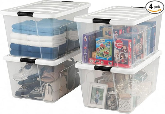IRIS USA 94 Qt Stackable Plastic Storage Bins with Lids, 4 Pack - BPA-Free, Made in USA - See-Through Organizing Solution, Latches, Durable Nestable Containers, Secure Pull Handle - Clear/White