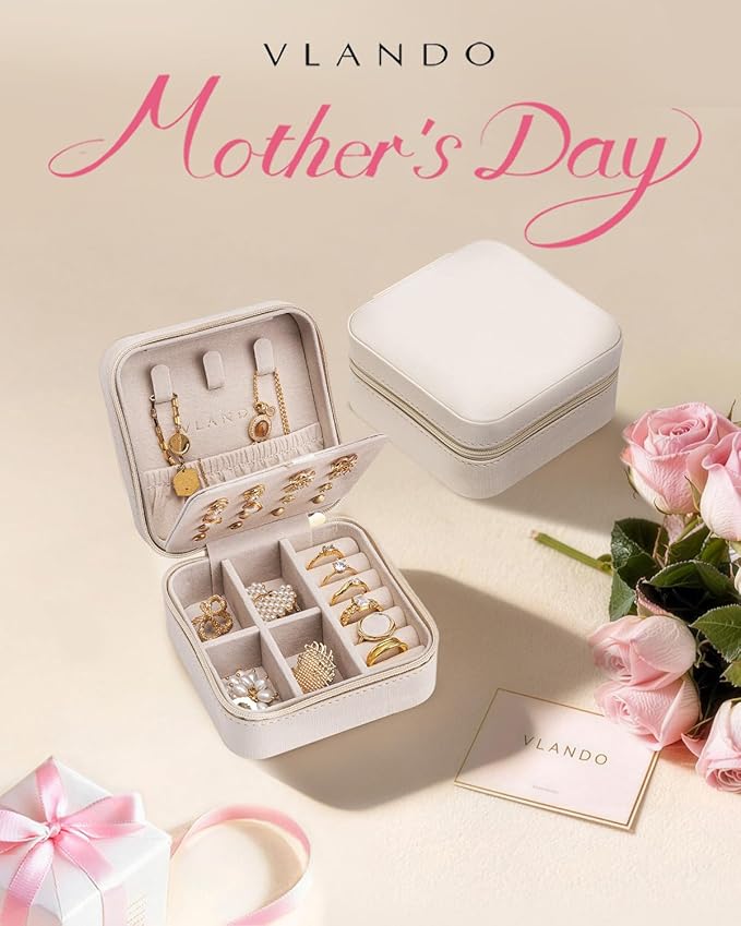 VLANDO Mothers Day Mom Gifts - Travel Jewelry Case, Small Travel Jewelry Organizer Box for Girls Women - White