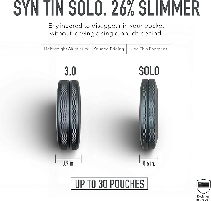 Solo | Slim Metal Container for Zyn, Premium Aluminum Can & Rugged Pouch Holder | Extra Capacity, Knurled Grip, & Slim Container | EDC (Gunmetal Gray)