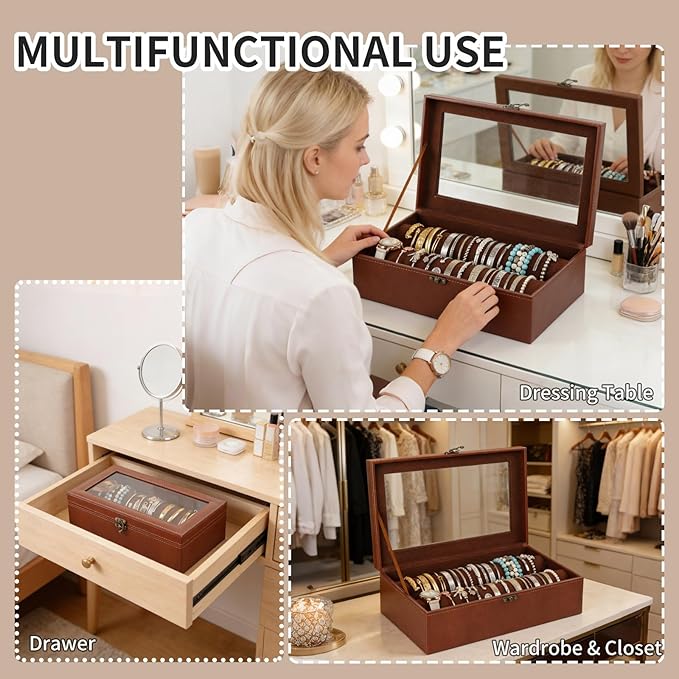 AUTOARK Bracelet & Watch Storage Box with Glass Lid & 2 Anti-Roll Rods,PU Leather Jewelry Case,Soft Lined Locking Organizer for Women,Gift for Dresser & Cabinet Display,Coffee,MKAW143