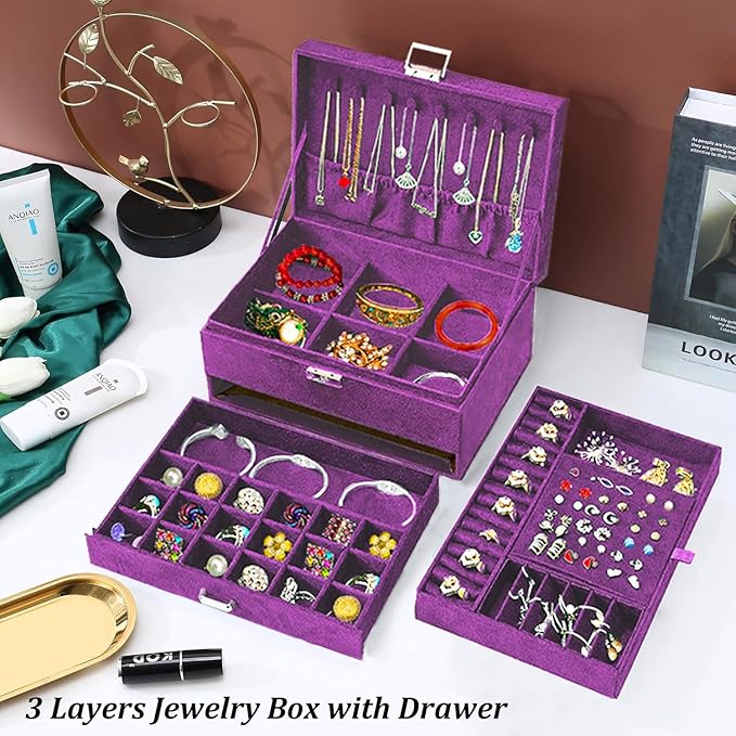 QBestry 3-Layer Jewelry Box for Women with Lock and Key & Drawer, Large Jewelry Organizer with 8 Necklace Hooks & 56 Earring Holes, Purple Velvet Jewelry Storage Box for Necklace Earring Ring Bracelet