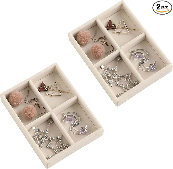 Frebeauty Small Jewelry Tray Set,Stackable Velvet Jewelry Organizer Tray,Mini Jewelry Drawer Organizer,Drawer Inserts,4.92 x 3.74 x 0.9 Inches,4 Grid Earring Organizer for Women(Set 2,Beige)