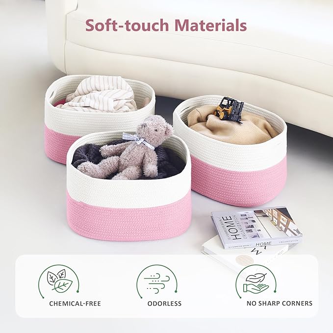 ECDYQXVU Cotton Rope Shelf Storage Basket, 15x10x9 in, Shelf Storage Baskets for Clothes, Towels, Books, Laundry (White/ Pink, 1 Pack)