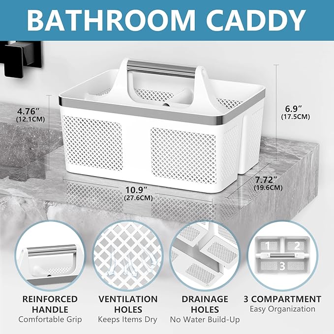BYUNER 2Pack Shower Caddy Dorm: Portable Bathroom Caddy Organizer with Handle and Holes, Plastic Cleaning Caddy, Hard Shower Basket Storage Tote for Toiletry, College Dorm Room Essentials White/Silver