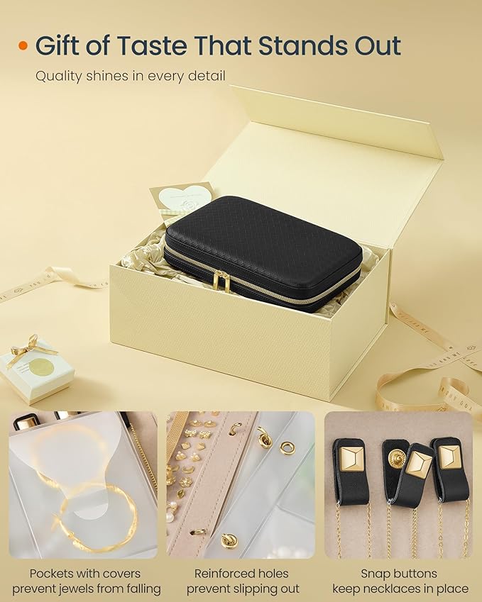 SONGMICS HOME Travel Jewelry Case, Jewelry Organizer Box with Mirror, Jewelry Pouch, Woven Embossed PU Leather, Hard Shell, Large Capacity, Gift Idea, Ink Black UJBC204B01