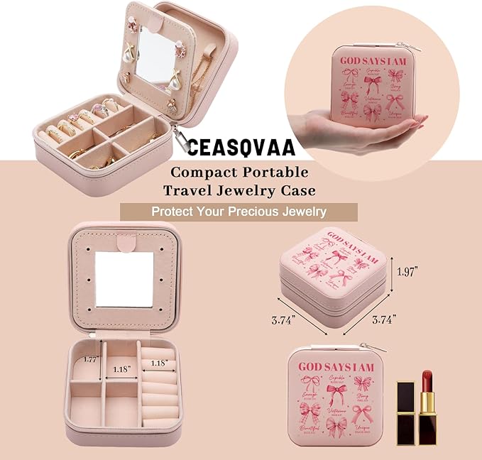 God Says I Am Jewelry Box Inspirational Christian Gifts Religious Faith Based Gift Bible Verse Jewelry Case Pink Coquette Bow Travel Jewellery Organizer