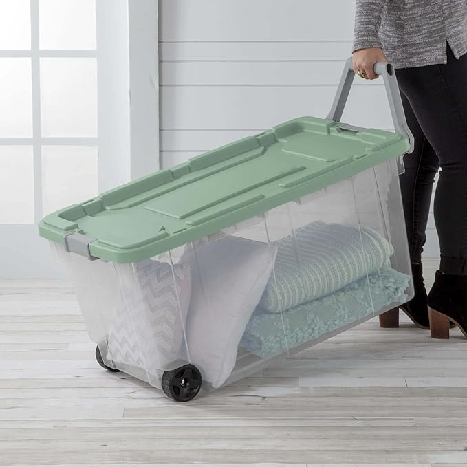 Ratiyae 160 Quart Wheeled Storage Box, Extra Large Durable Clear Plastic Bin, Latch Lid, Lt Green, 2 Count