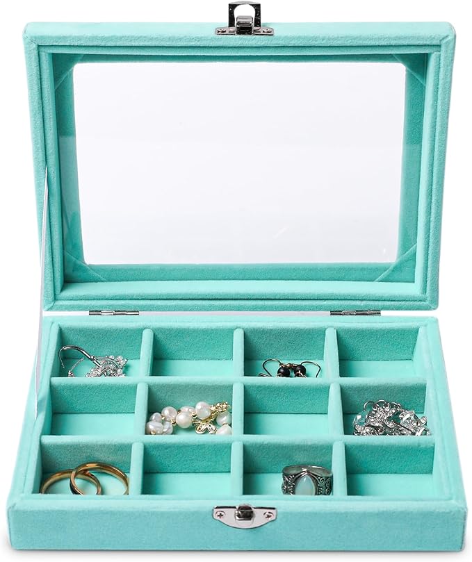 Frebeauty Jewelry Organizer Tray with Clear Lid 12 Grid Velvet Drawer Insert Jewelry Box with Transparent lid Jewelry Display Case Store Showcase Jewelry Box Gift for Women(Turquoise,12 Grid)
