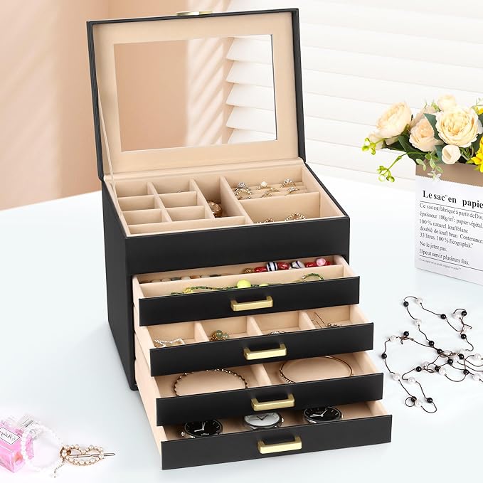 Kendal Jewelry Box, 5-Layer Jewelry Organizer Box with Glass Lid, Black, Heart Shaped PU Leather, Storage Box for Necklace Earrings Rings Bracelets, Gift Idea for Girls LJC4DRBK