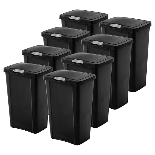 Sterilite 13 Gallon TouchTop Narrow Plastic Wastebasket with Secure Titanium Latch for Kitchen, Bathroom, and Office Use, Black (8 Pack)