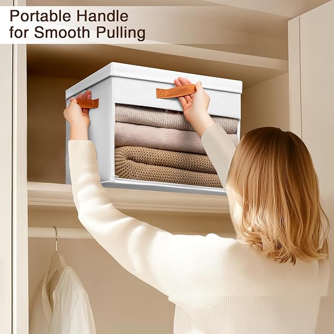 Homsorout Large Storage Bins with Lids - 4 Pack Foldable Decorative Organizers with Clear Windows & Handles, Cube Storage Organizers for Clothes, Blankets, Sweaters, Sheets, White