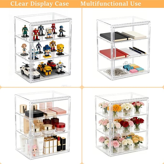 Acrylic Display Case for Collectibles, 3 Tier Clear Storage Bin with 3 Adjustable Layers and 2 Removable Divider, Stackable Clear Storage Box with Magnetic Door for Figures, Home or Office,Large