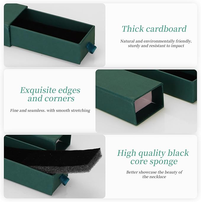 12-Pack Drawer Style Jewelry Gift Boxes with Sponge Insert, 8.7"x1.8"x1.2" Necklace & Bracelet Display Box for Presentation, Cardboard Storage Organizer for Pendant, Ring, Earring - Green