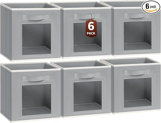 Homsorout Storage Cube 11 Inch - Cube Storage Bins with Window, Closet Storage Baskets with Handle, Fabric Bins for Closet, Shelves, Toys, Clothes, Set of 6, Grey