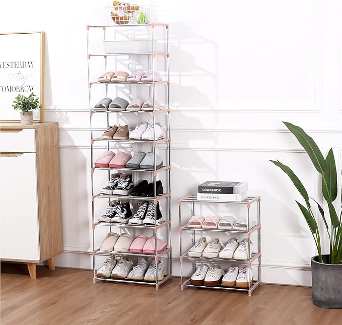 Jucaifu Stackable Small Shoe Rack, Entryway, Hallway and Closet Space Saving Storage and Organization (3-Tier, Pink)