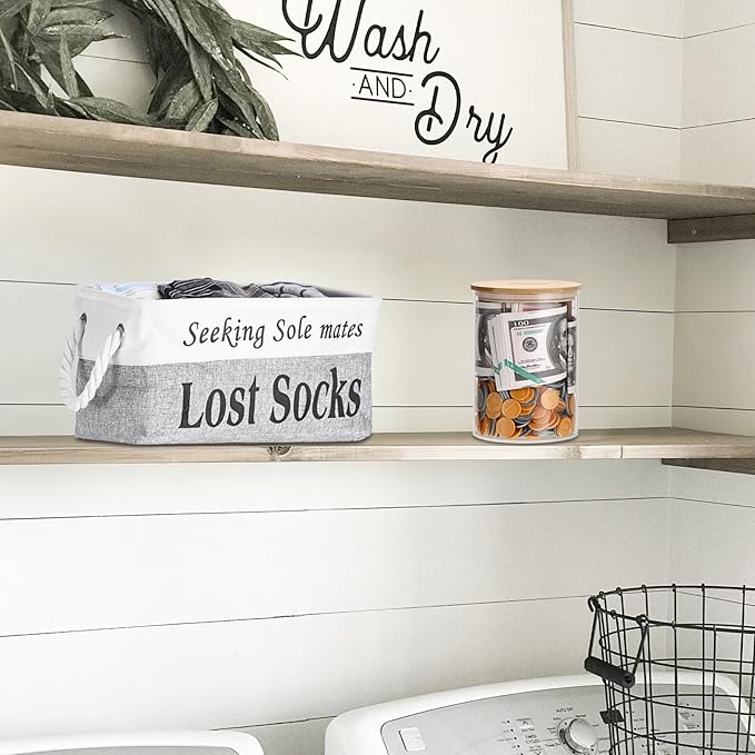 Lost Socks Basket for Laundry Room, Fabric Missing Sock Holder for Single Sock Organization, Collapsible Lost Socks Bin Stockings Container, Farmhouse Laundry Room Decor and Accessories