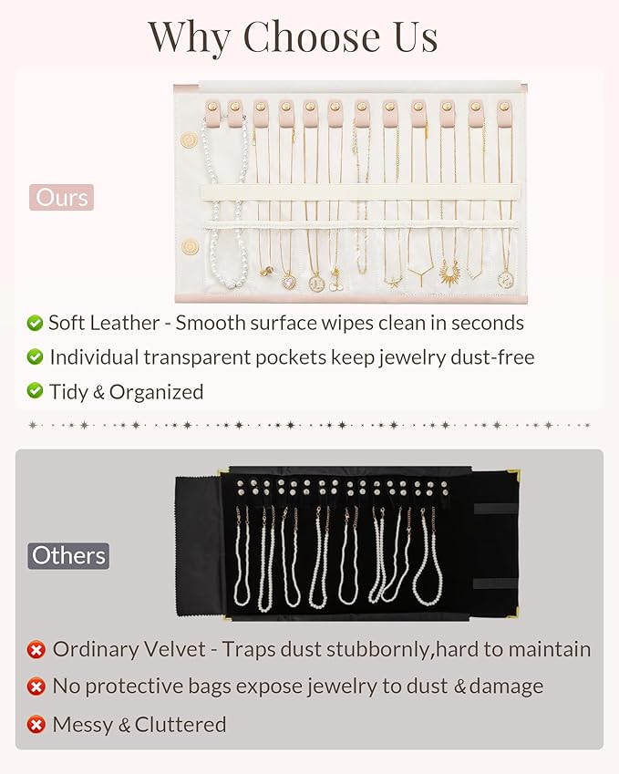 Lolalet Travel Necklace Organizer, Tangle-Free Necklace Case for Travel, Leather Foldable Roll Up Jewelry Storage Bag for Necklaces Chains Bracelets, Mothers Day Gift