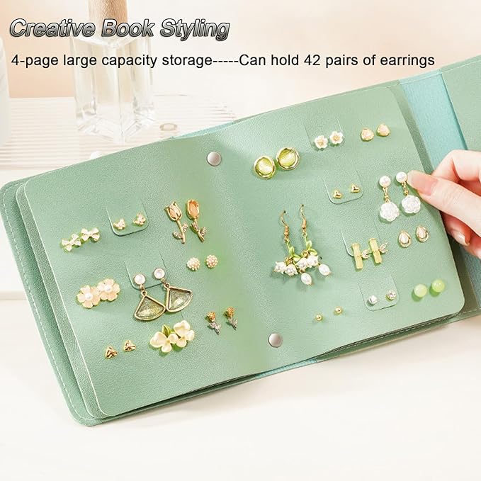 LAKE OF FIRE Earring Holder Organizer with Foldable Book Design Jewelry Book Organizer, Portable Pu Leather Travel Earring Case(Green)