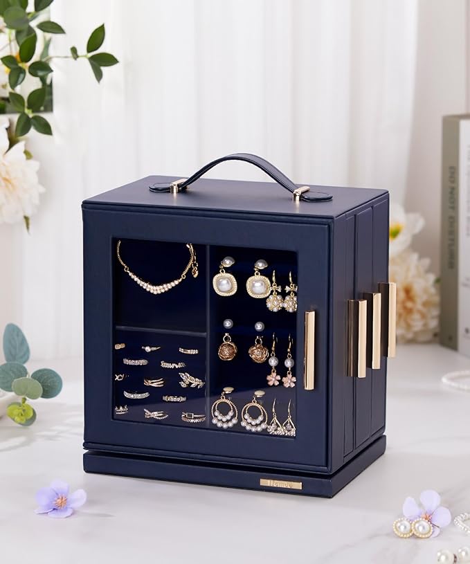 Homde Mothers Day Gifts Jewelry Box for Women Large: Rotating Organizer for Ring Earring Necklace Bracelet - 7 Drawers Storage for Dresser (Dark Blue)