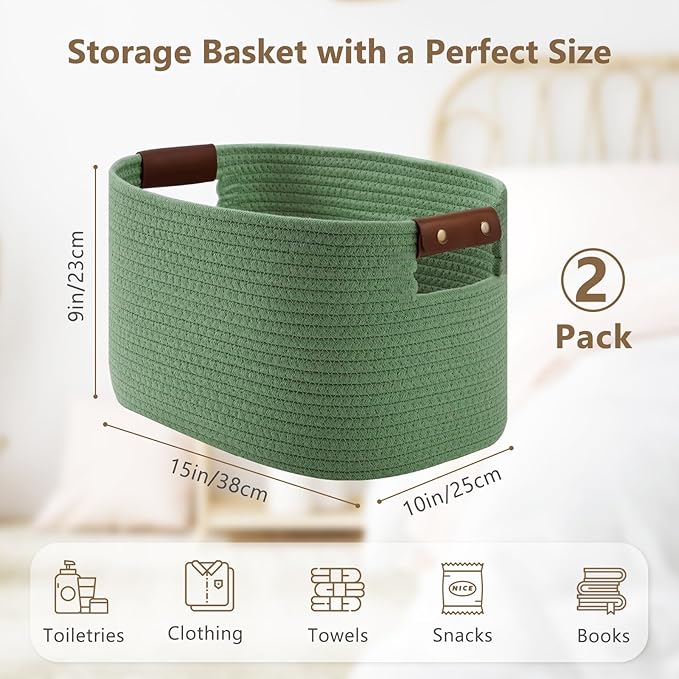 ECDYQXVU Cotton Rope Basket, Storage Baskets with Handle, 15x10x9 Inch Woven Basket for Shelves, Laundry, Towels, Clothes, Books (Green 2Pack)